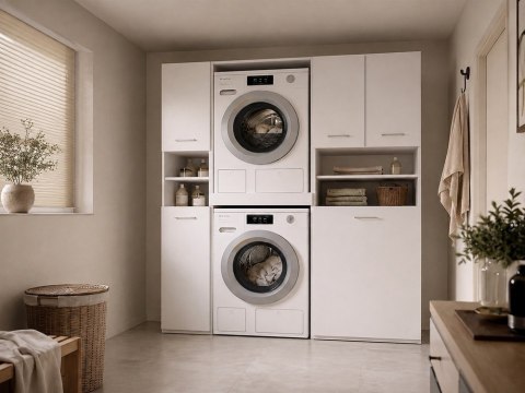 ZESTAW Łazienkowy Słupek Szafka Na Pralkę i Suszarkę POLA TWIN 32 BIAŁY