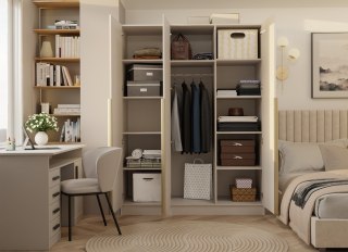 SZAFA SENSO 3D 150 CM 3 DRZWI ZŁOTE UCHWYTY DO SALONU SYPIALNI KASZMIR BEŻ